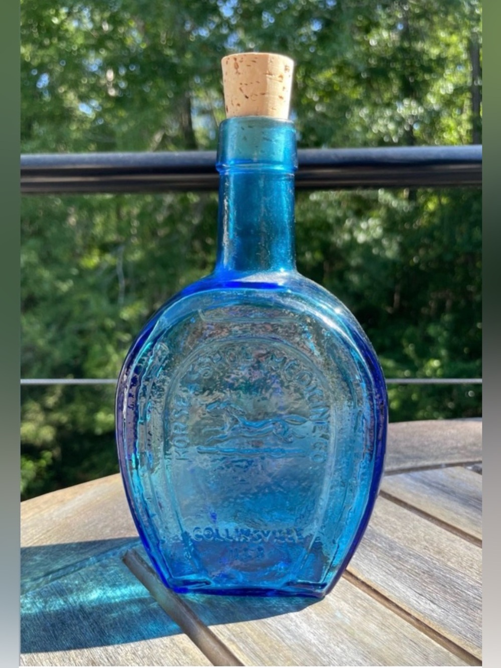 Vintage Wheaton Blue Glass Horse Shoe Bitters Bottle with Cork Stopper